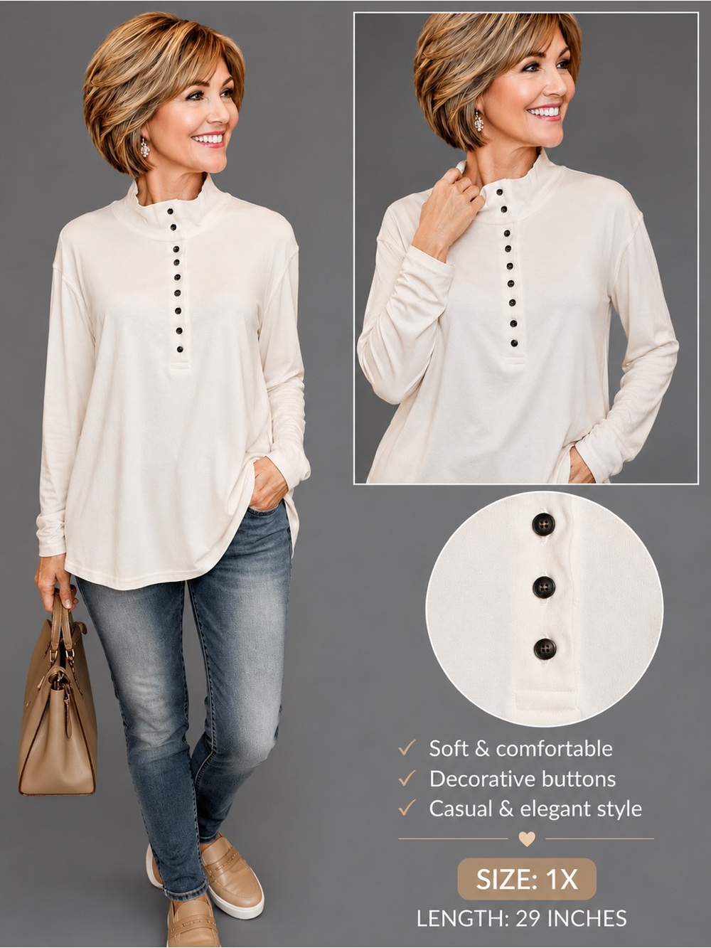 Natural Reflections Cream Mock Neck Henley Shirt 1X